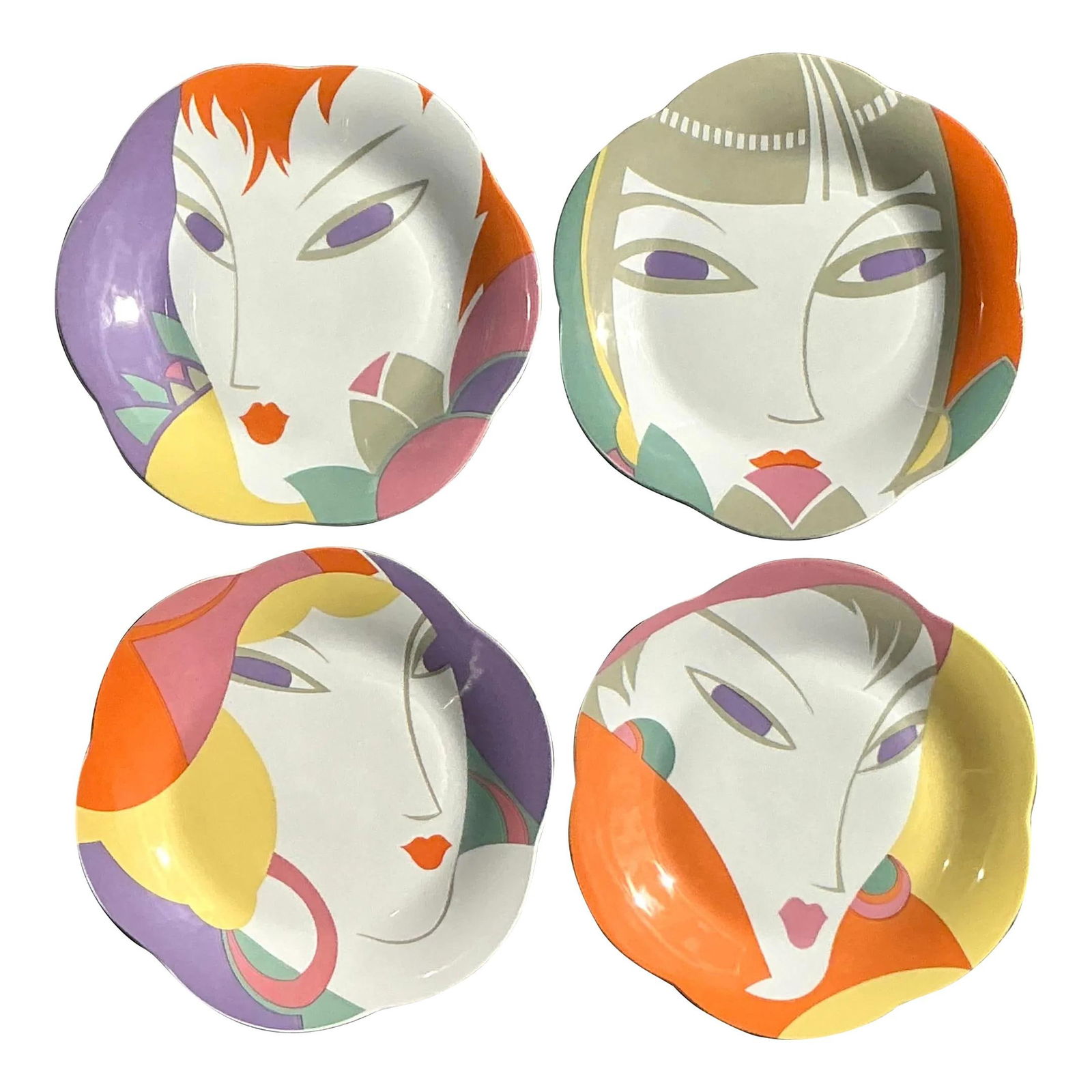 Vintage Larry Lazlo Ceramic Plates Set of 4 with Colorful Face Designs: Vintage Larry Lazlo Ceramic Plates Set of 4 with Colorful Face Designs Elevate your dining experience with this exquisite set of 4 ceramic plates designed by Larry Lazlo. Each plate showcases a unique