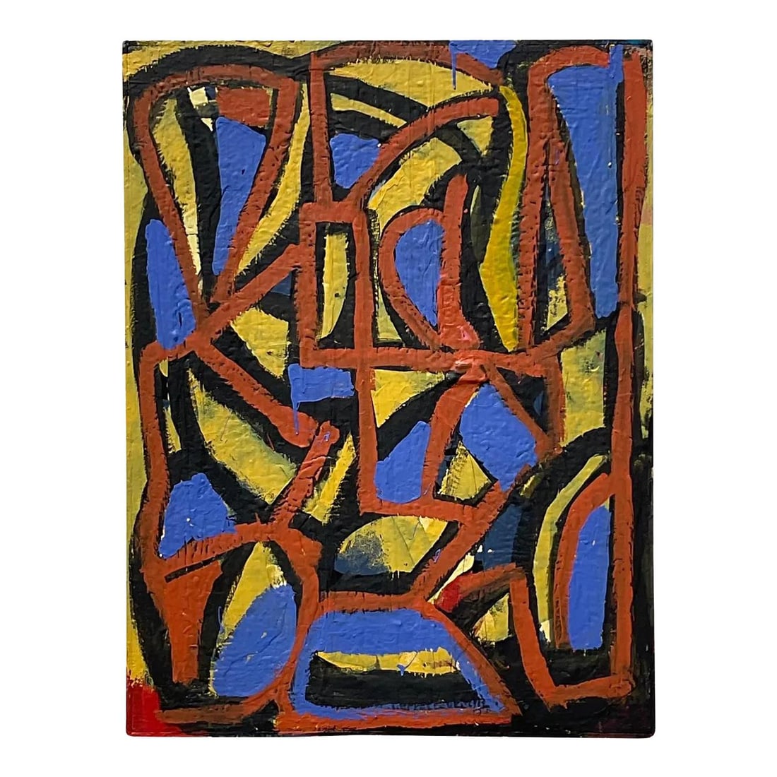 Vintage Geometric Abstract Oil Painting on Canvas 31.25x41 Terra Cotta: Vintage Geometric Abstract Oil Painting on Canvas 31.25x41 Terra Cotta This stunning vintage Boho geometric abstract painting features hard angles and linear shapes, showcasing a bold yet minimalistic