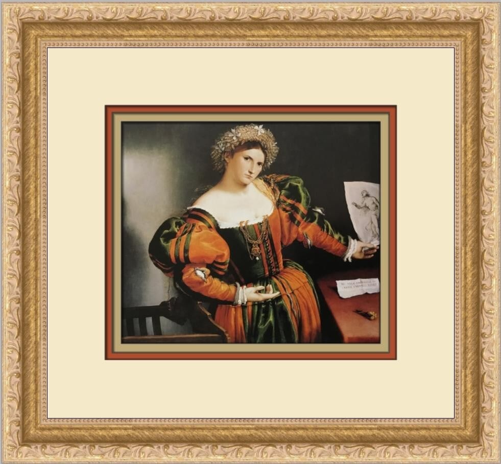 Lorenzo Lotto Lady with a Drawing of Lucretia Custom Framed Print 13x13: Lorenzo Lotto Lady with a Drawing of Lucretia Custom Framed Print 13x13 This stunning custom framed print features Lorenzo Lotto's artwork titled "Lady with a Drawing of Lucretia." The piece measures