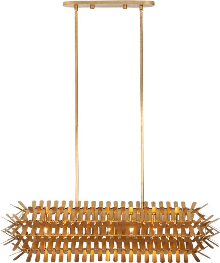 Kalco Spur Island Light Oxidized Gold Leaf 12H 48W 13.75D: Kalco Spur Island Light Oxidized Gold Leaf 12H 48W 13.75D Illuminate your space with the Elegant Spur Island Light by Kalco, a stunning piece that combines antique charm with modern functionality. Thi