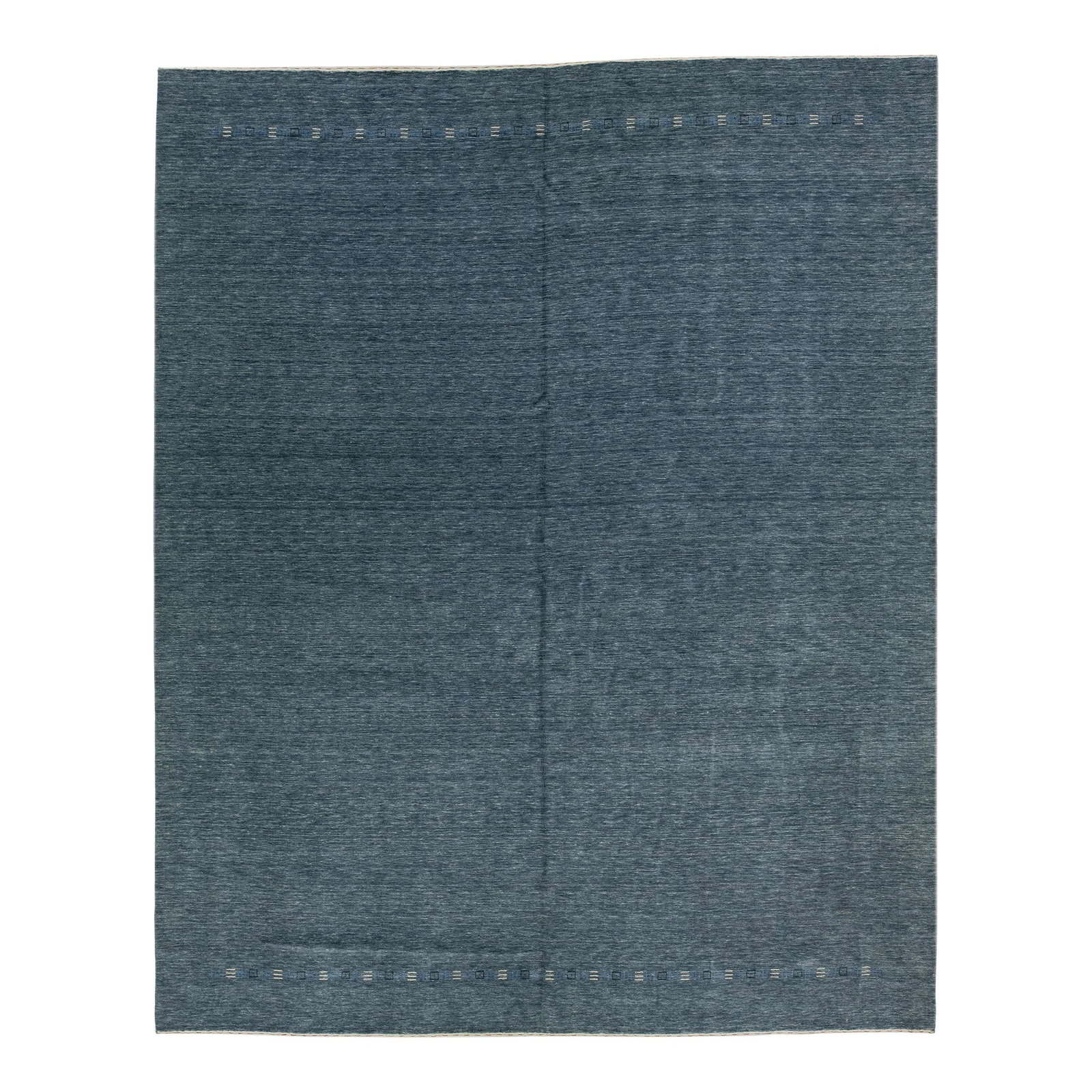 Handcrafted Blue Gabbeh Wool Rug 12' x 14'9: Handcrafted Blue Gabbeh Wool Rug 12' x 14'9 This exquisite wool rug, handcrafted in the Gabbeh style, showcases a refined minimalist design. The deep blue field serves as a captivating backdrop for th