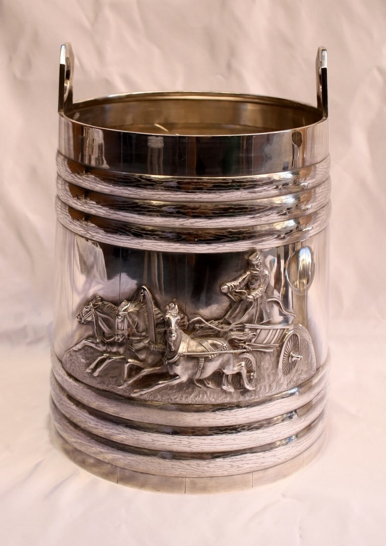 1872 Russian 84 Silver Ice Bucket by Ivan Vonifatiyevich: 1872 Russian 84 Silver Ice Bucket by Ivan Vonifatiyevich This exquisite 19th century Russian champagne cooler, crafted in 1872 by the renowned artist Ivan Vonifatiyevich Yevstingneyev, is a stunning a