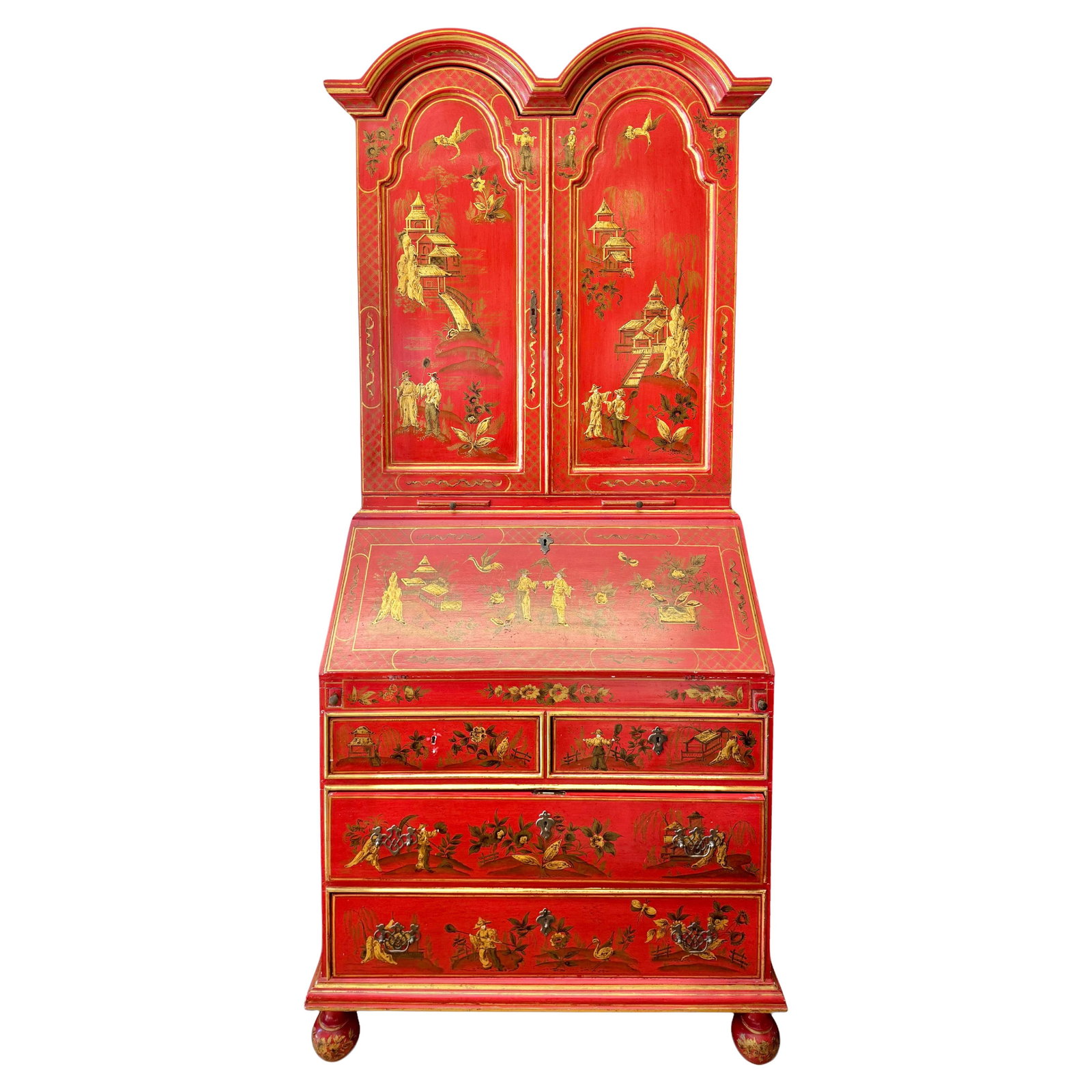 Queen Anne Chinoiserie Japanned Red Secretary Cabinet with Gilt Hand-Painted Details: Queen Anne Chinoiserie Japanned Red Secretary Cabinet with Gilt Hand-Painted Details This vintage bureau cabinet secretary is crafted in the English chinoiserie style, featuring Queen Anne and George