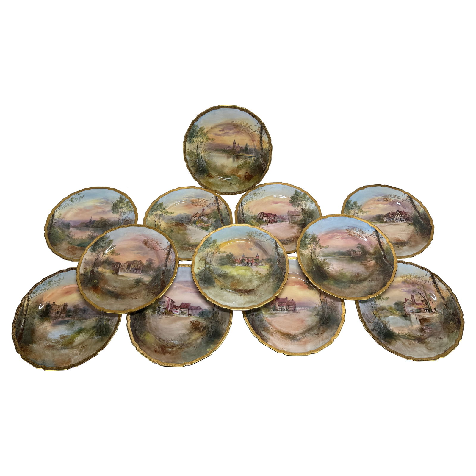 Set of 12 Royal Doulton Shakespeare's Country Plates by J. Hughs 1902-1922: Set of 12 Royal Doulton Shakespeare's Country Plates by J. Hughs 1902-1922 This exquisite set includes twelve Royal Doulton "Shakespeare's Country" cabinet plates, artist-signed by J. Hughs, produced