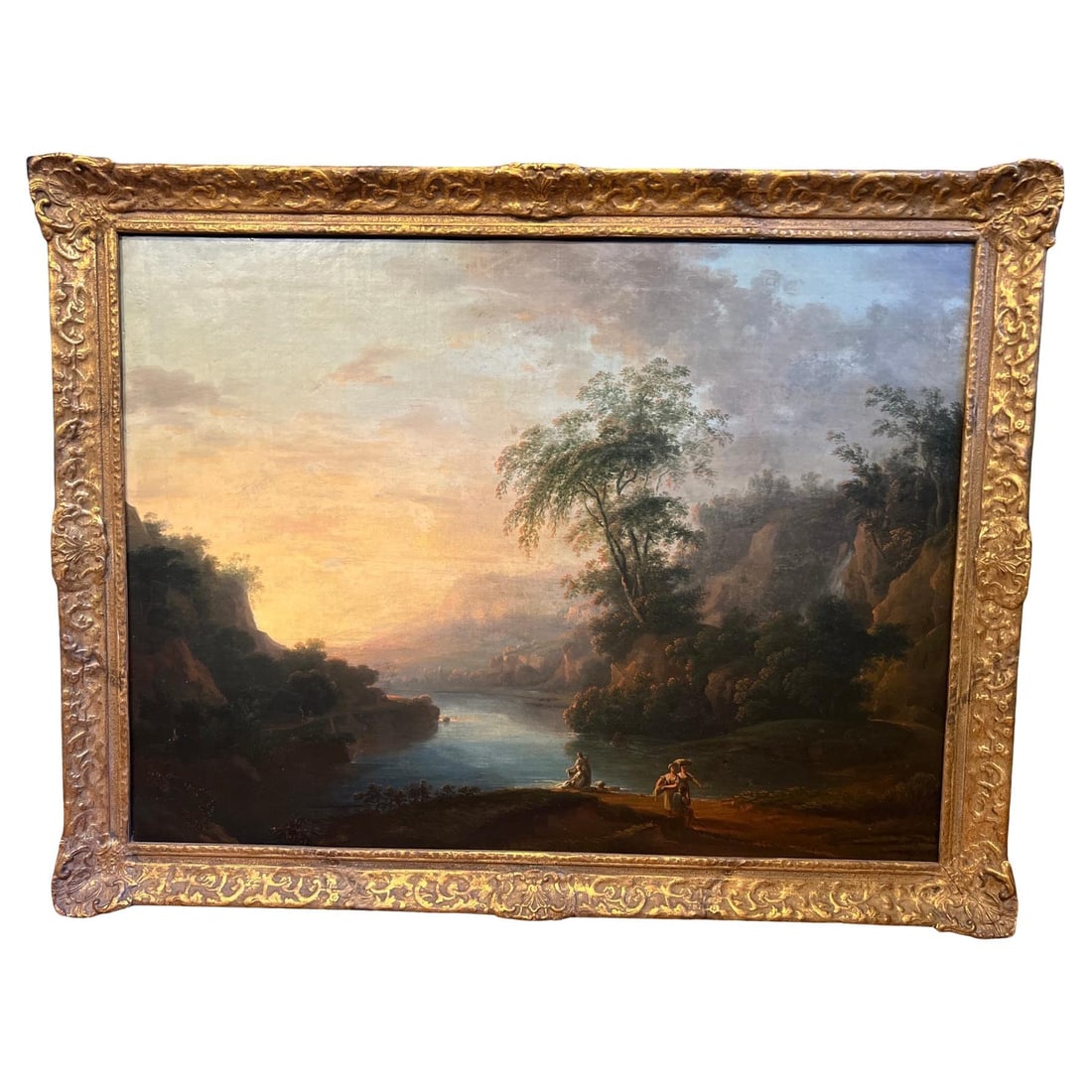 18th Century Italian School Baroque Landscape Painting on Canvas: 18th Century Italian School Baroque Landscape Painting on Canvas This exquisite 18th-century Old Master landscape painting from the Italian School exemplifies the rich artistry of its time. Measuring