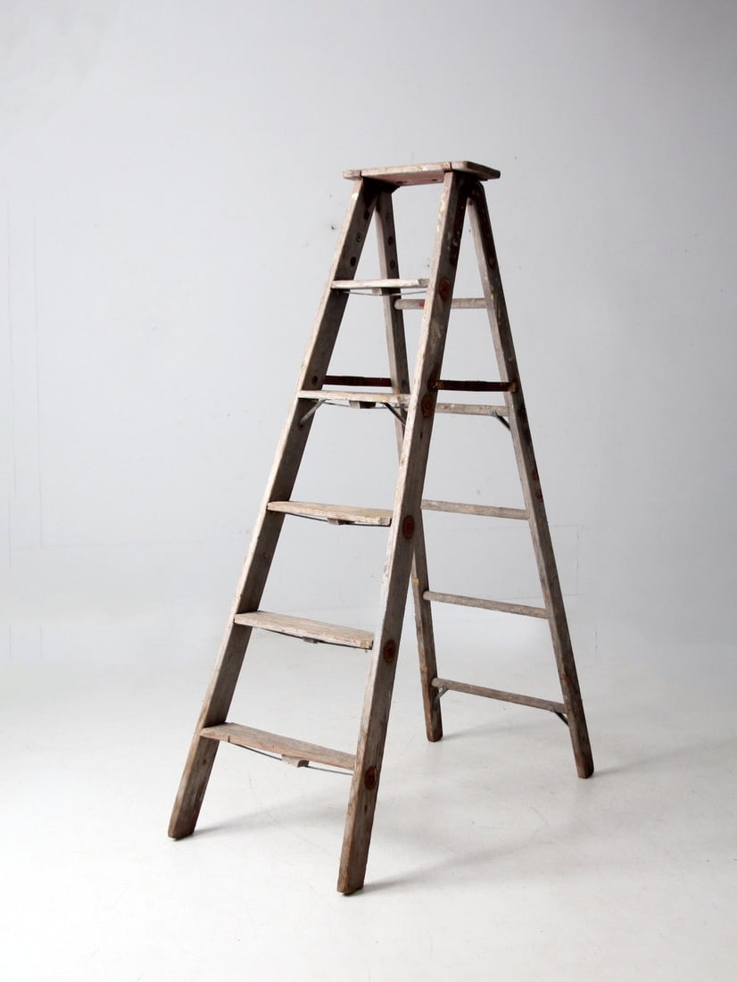 Mid-Century Wooden Ladder with Metal Braces and Tool Openings (1 of 16)