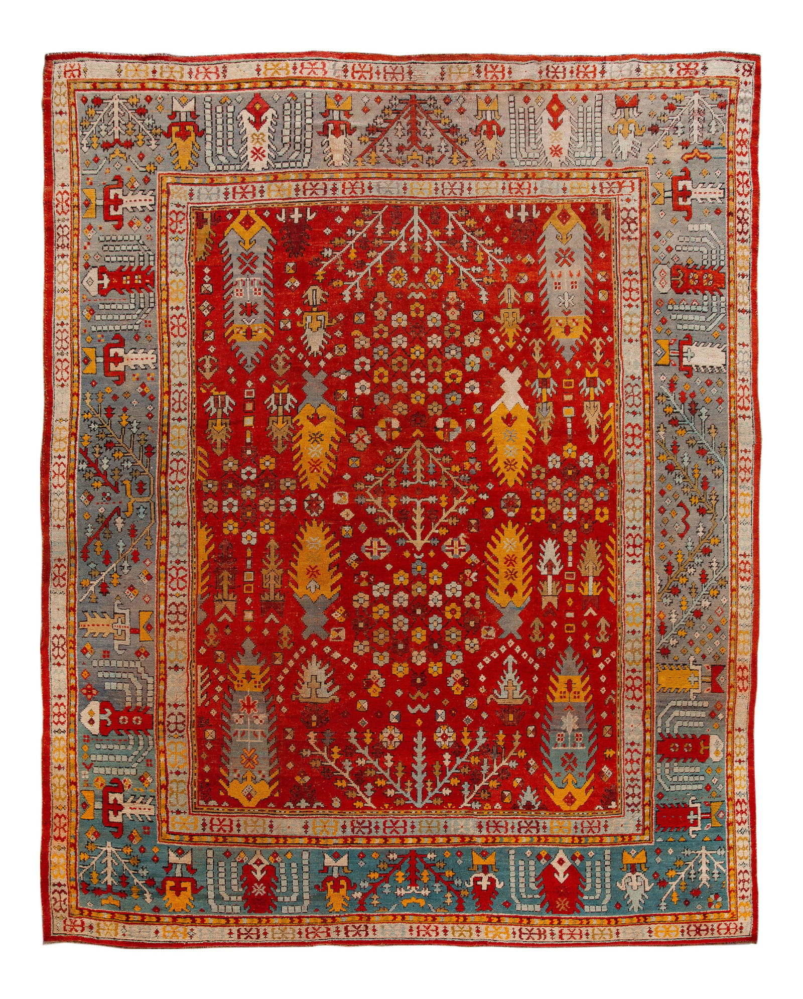 Late 19th Century Turkish Oushak Hand-Knotted Wool Rug 12 x 14: Late 19th Century Turkish Oushak Hand-Knotted Wool Rug 12 x 14 This exquisite late 19th-century Turkish Oushak rug showcases a hand-knotted wool construction with a vibrant red field. It features a st