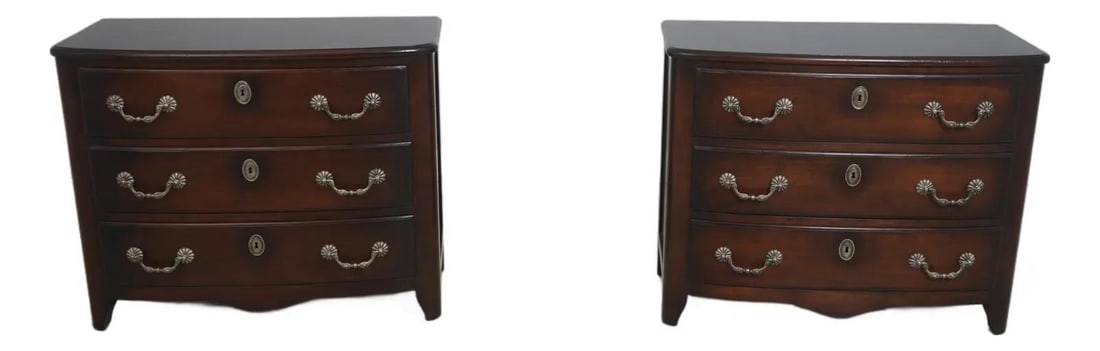 Set of Two Milling Road Oversized French Wood Commodes with Silver Hardware: Set of Two Milling Road Oversized French Wood Commodes with Silver Hardware This pair of French style commode chests from the Milling Road Collection features factory distressed wood with a brown fini