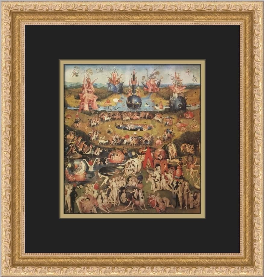 Hieronymus Bosch Garden Of Earthly Delights Custom Framed Print 14x12: Hieronymus Bosch Garden Of Earthly Delights Custom Framed Print 14x12 This stunning custom framed print features Hieronymus Bosch's renowned work, "Garden Of Earthly Delights (Central Panel)." Measuri