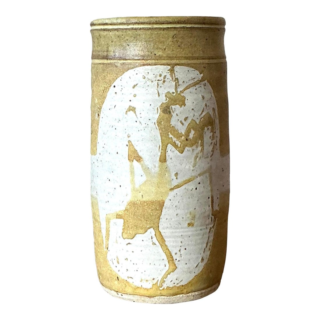 Studio Pottery Vase Featuring Praying Mantis Motif Vintage Boho Decor: Studio Pottery Vase Featuring Praying Mantis Motif Vintage Boho Decor This vintage Boho studio pottery vase features a unique artisan design with a textured white slip motif depicting a praying mantis