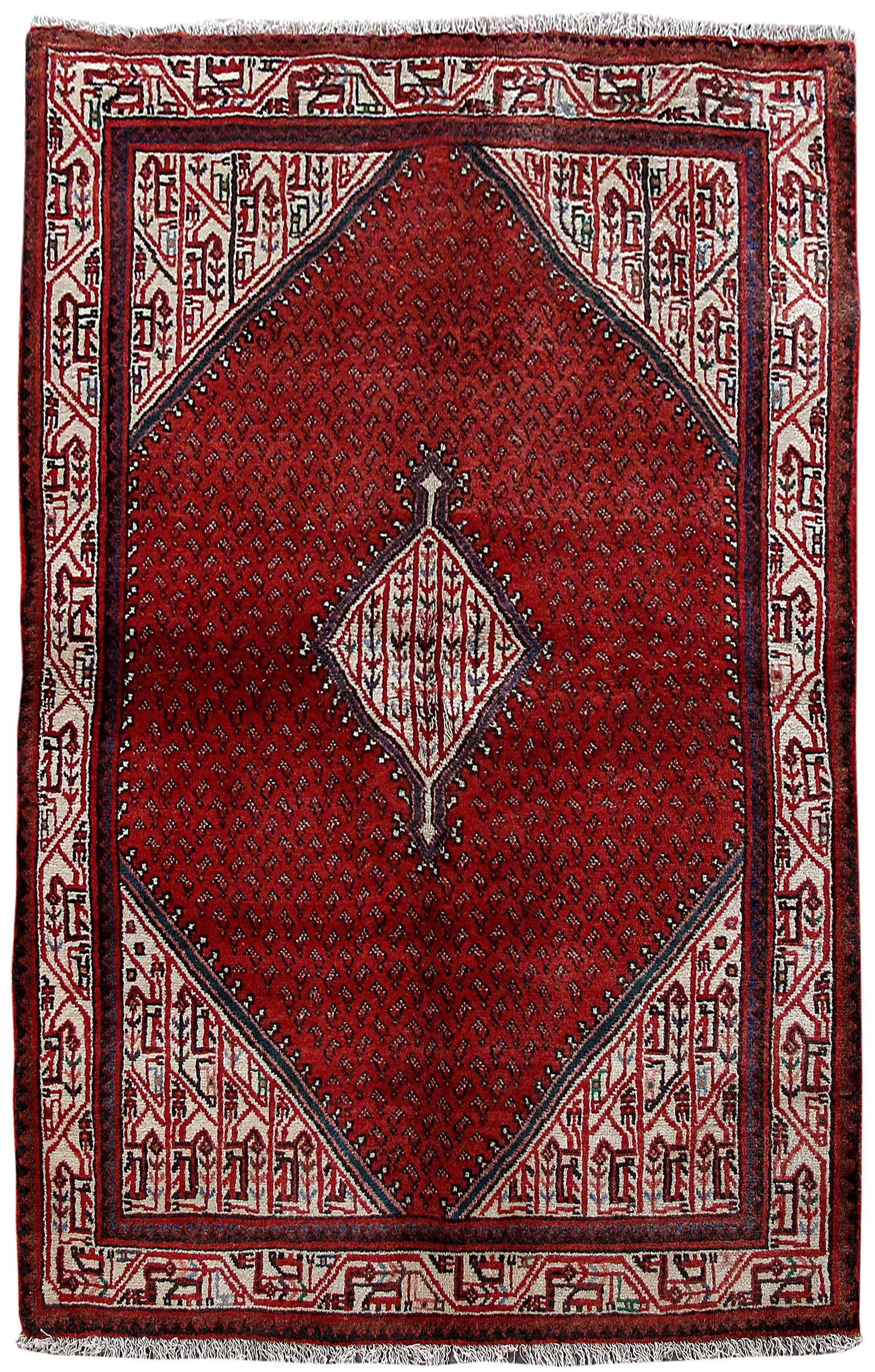 4'3" x 6'9" Wine Red Persian Sarouk Mir Rug Handwoven Wool: 4'3" x 6'9" Wine Red Persian Sarouk Mir Rug Handwoven Wool Free continental US Shipping Experience the elegance of the 4'3" x 6'9" Wine Red Persian Sarouk Mir Rug, an exquisite piece handwoven by skil