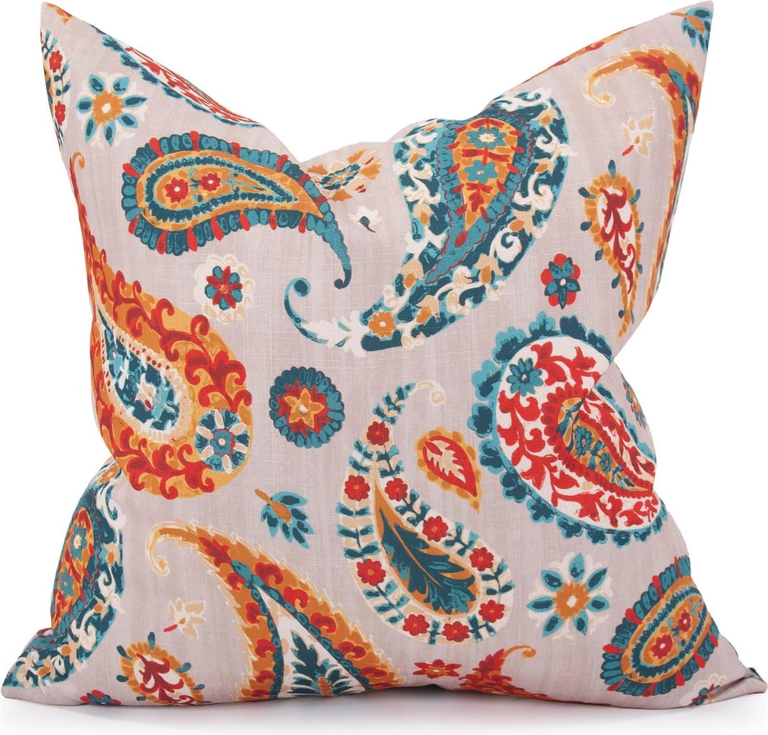 Boho Chic Blue Paisley Boteh Pillow by Howard Elliott 24x24: Boho Chic Blue Paisley Boteh Pillow by Howard Elliott 24x24 Elevate your home decor with this stunning Colorful Paisley Boteh Pillow, designed by Davida Kay. This square pillow features a vibrant pais