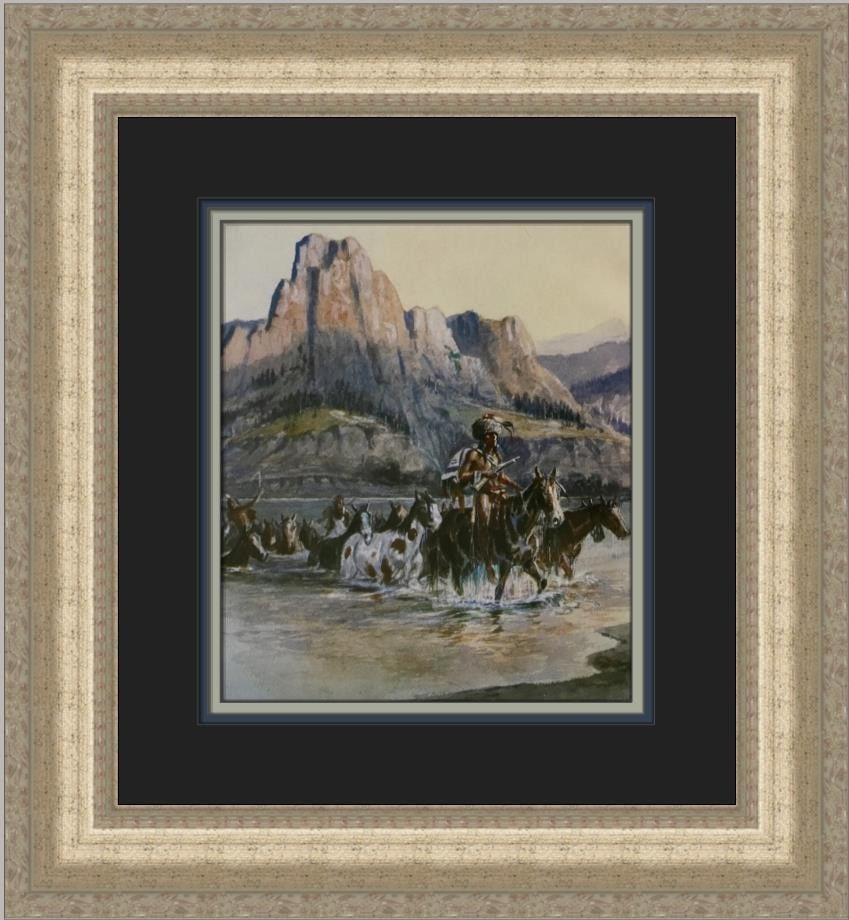 Framed Offset Lithograph Return of the Horse Thieves by Charles M Russell: Framed Offset Lithograph Return of the Horse Thieves by Charles M Russell This is a custom-framed open edition offset lithograph print titled "Return of the Horse Thieves" by Charles Marion Russell. P