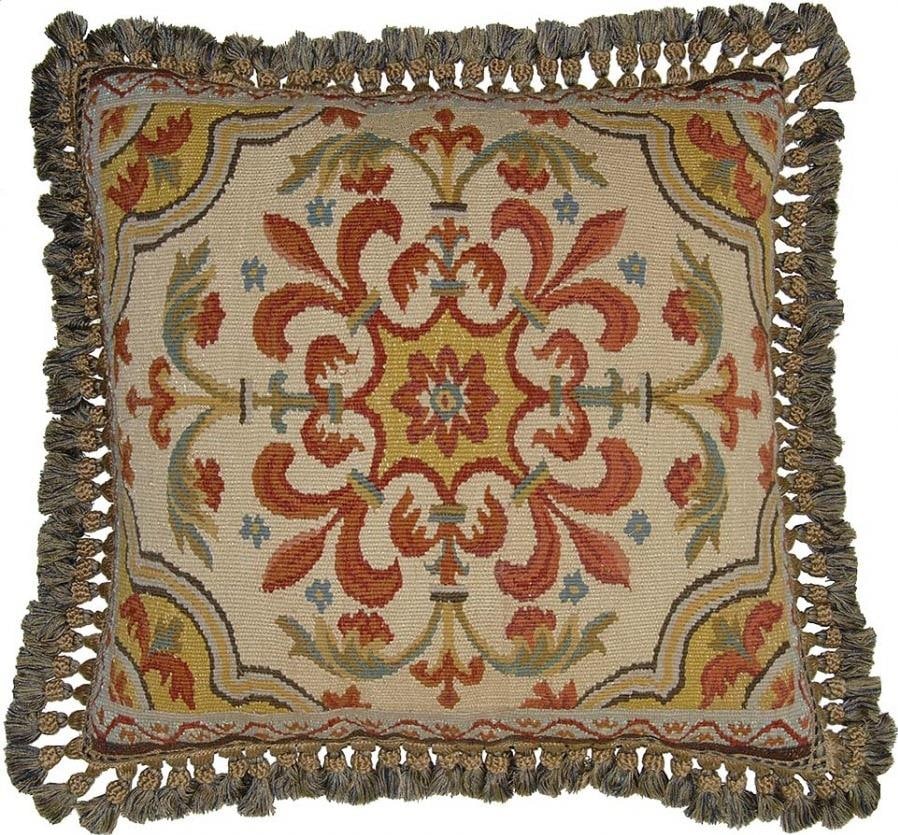 Provence Home Handwoven Wool Pillow Fleur De Lis Beige Blue 22x22 (1 of 1)