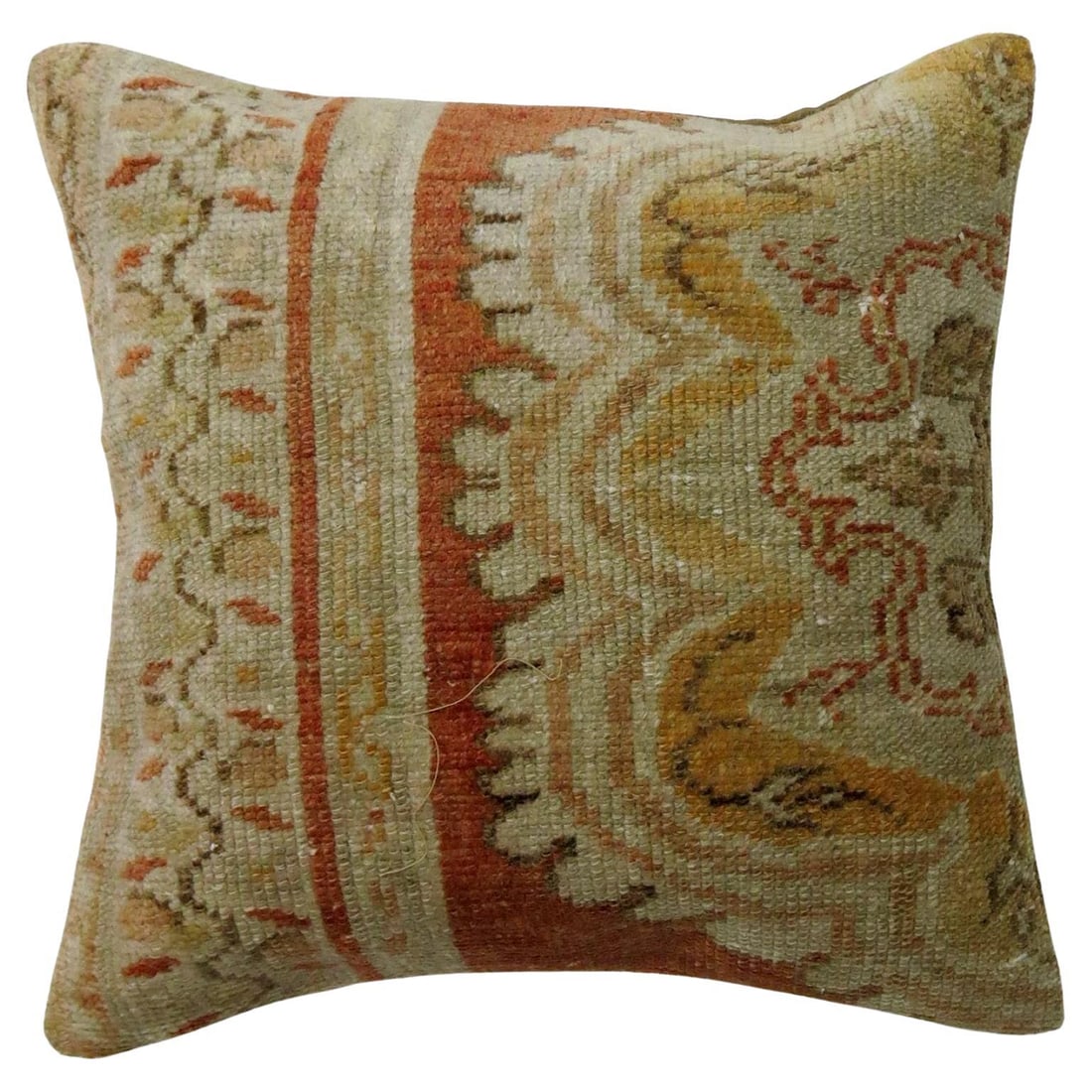Hand-Knotted Turkish Oushak Rug Pillow 16 x 16 Red Cream Brown: Hand-Knotted Turkish Oushak Rug Pillow 16 x 16 Red Cream Brown This exquisite pillow is crafted from a vintage Turkish Oushak rug, featuring a harmonious blend of red, cream, and soft brown accents th