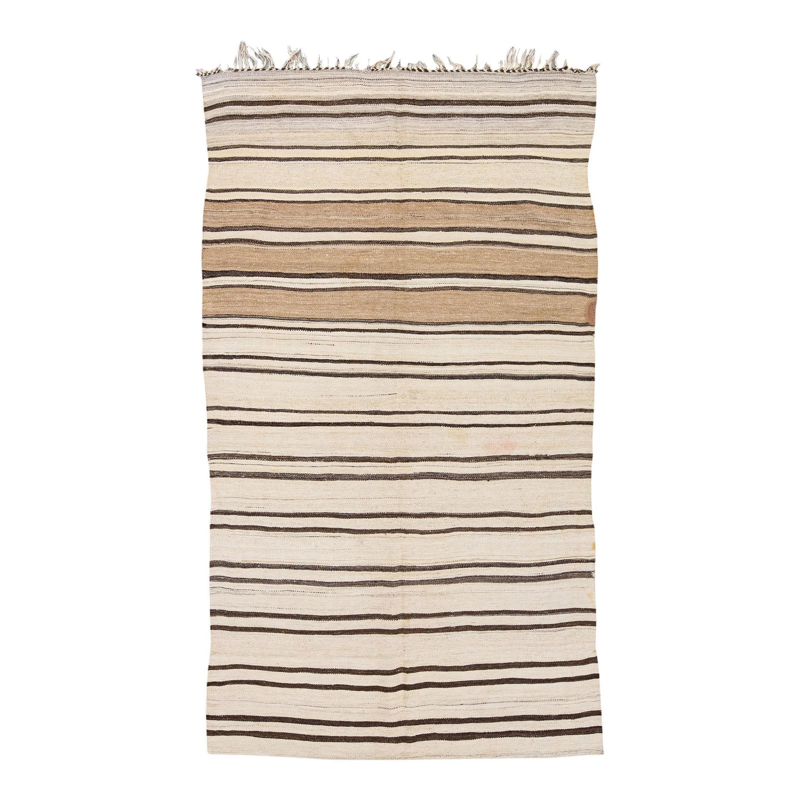 1960s Vintage Turkish Kilim Wool Rug Beige Geometric Stripes 4'9 x 8'8: 1960s Vintage Turkish Kilim Wool Rug Beige Geometric Stripes 4'9 x 8'8 This exquisite vintage Turkish Kilim flatweave wool rug showcases a stunning beige field adorned with brown and tan accents, feat