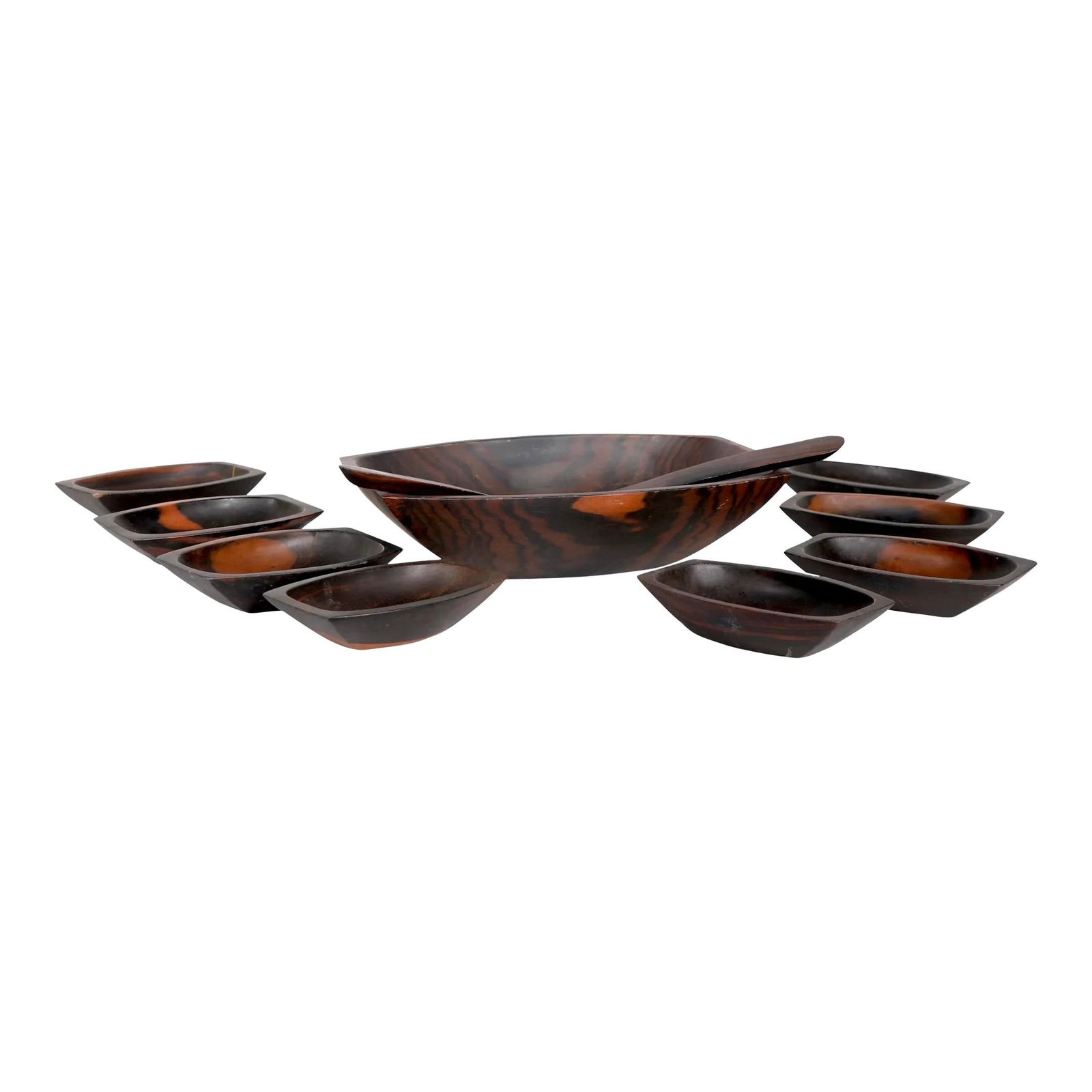 11 Piece Mid Century Cocobolo Wood Salad Set with Bowls and Utensils: 11 Piece Mid Century Cocobolo Wood Salad Set with Bowls and Utensils Elevate your dining experience with this elegant 11-piece Mid Century Cocobolo Wood Salad Set. This exquisite set includes a large