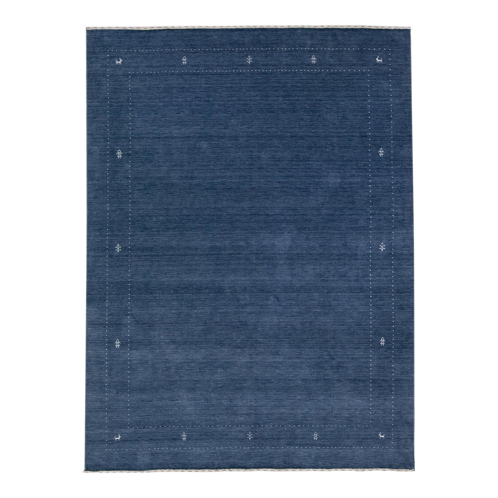 Handmade Modern Gabbeh Style Blue Wool Rug 9'1 x 12'1 Minimalist Motif: Handmade Modern Gabbeh Style Blue Wool Rug 9'1 x 12'1 Minimalist Motif Enhance your living space with this exquisite handmade modern Gabbeh-style rug. Crafted from high-quality wool, it features a cap