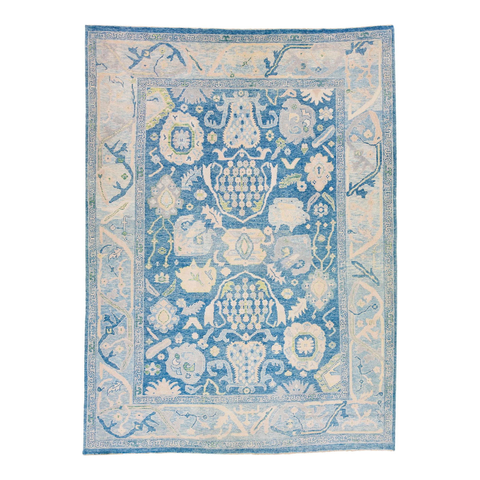 Handmade Modern Oushak Wool Rug Blue Floral Design 10'5 x 14'3: Handmade Modern Oushak Wool Rug Blue Floral Design 10'5 x 14'3 This stunning modern Oushak rug features a beautiful blue field adorned with an exquisite all-over floral design. Hand-knotted with care,