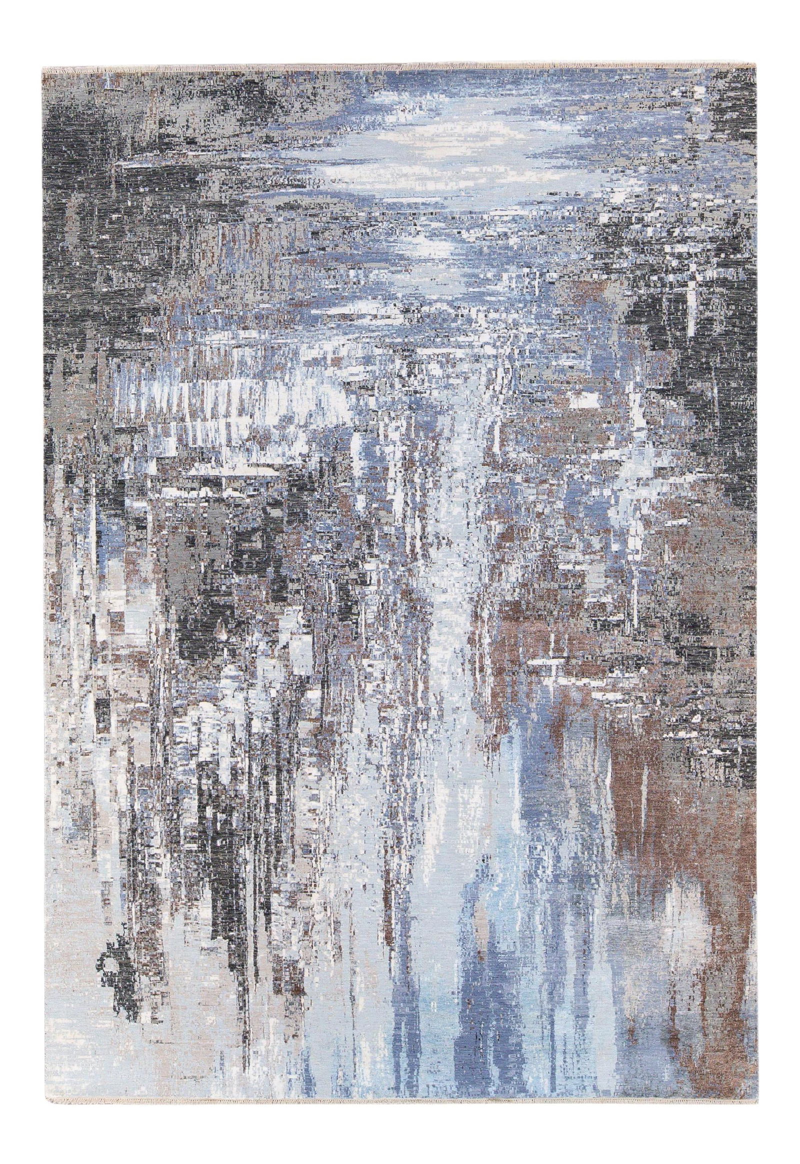 Abstract Blue Handmade Wool Silk Rug 9'11 x 14'5 Indian Art: Abstract Blue Handmade Wool Silk Rug 9'11 x 14'5 Indian Art Discover the elegance of this modern Indian hand-knotted rug, expertly crafted from a blend of wool and silk. Featuring a stunning blue fiel