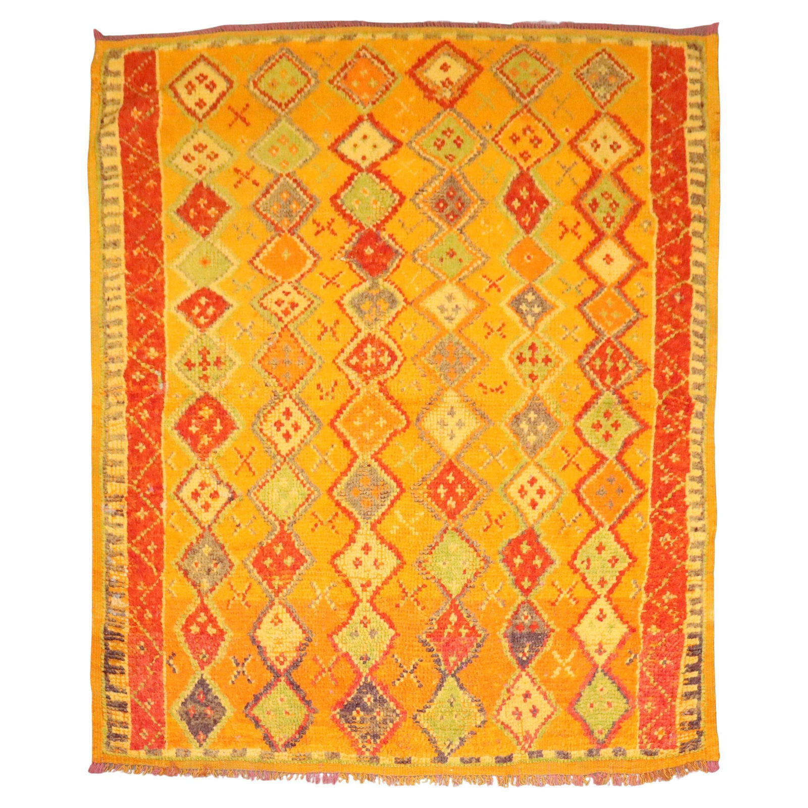Colorful Geometric Wool Moroccan Rug Mid 20th Century 4'5" x 5': Colorful Geometric Wool Moroccan Rug Mid 20th Century 4'5" x 5' This vintage Moroccan rug features a vibrant geometric design in a square shape, reflecting classic Bohemian style. Hand-woven from wool