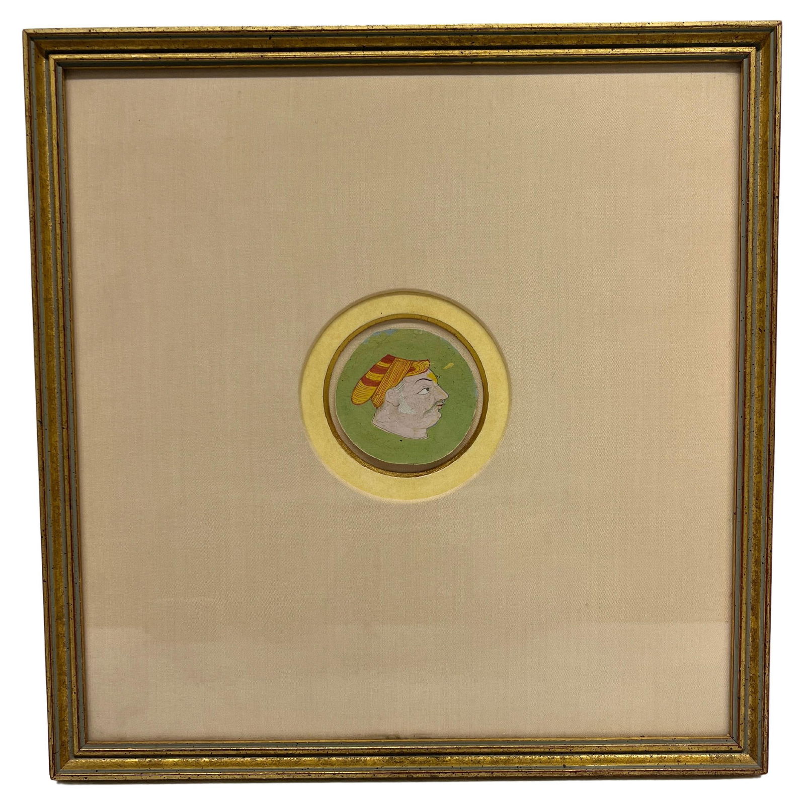 18th Century Mughal Miniature Portrait Painting Gold Leaf India: 18th Century Mughal Miniature Portrait Painting Gold Leaf India This exquisite 18th-century Mughal School miniature painting is a stunning representation of the rich artistic tradition that flourished