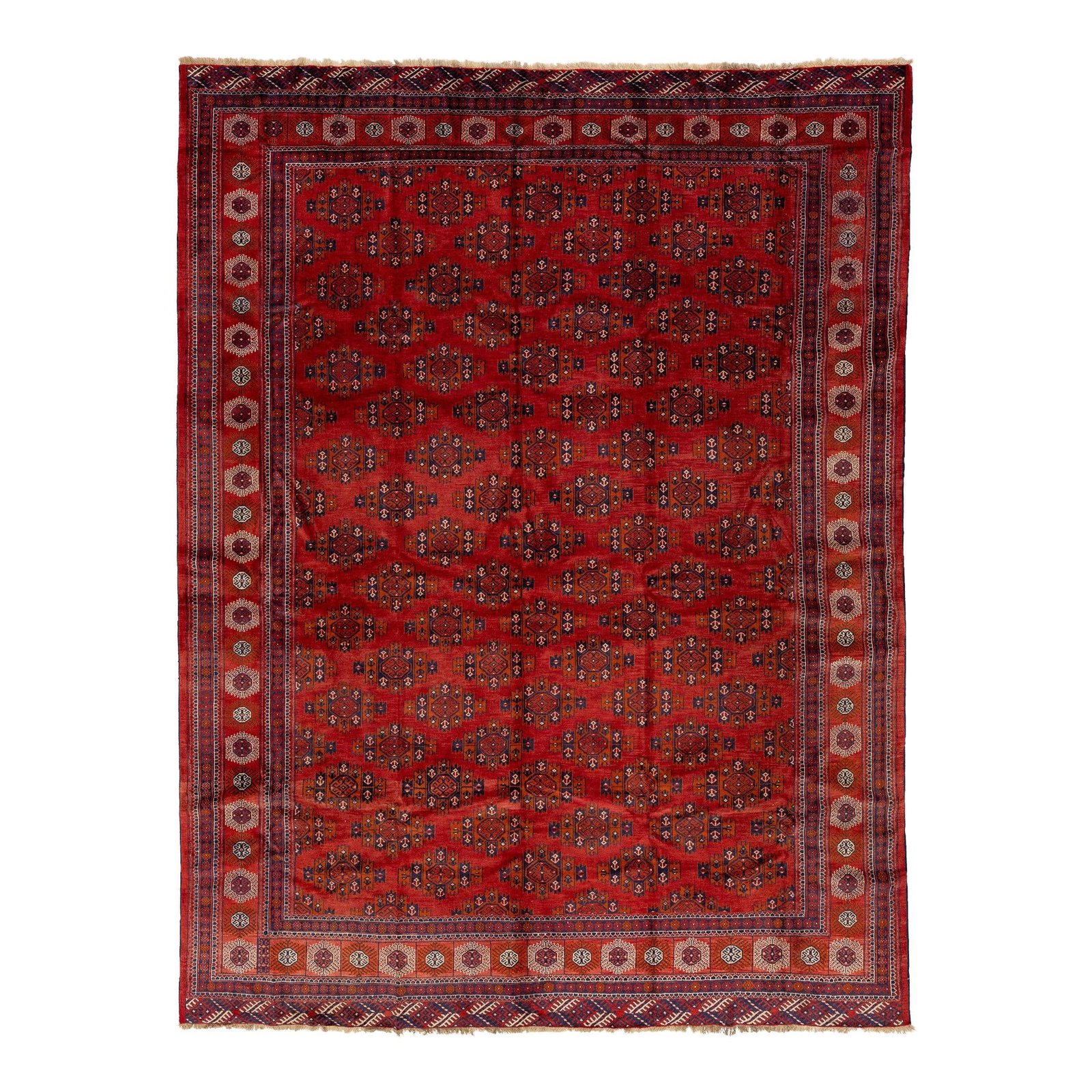Handmade Turkmen Wool Rug Red Blue Orange Pattern 9'10 x 12'11: Handmade Turkmen Wool Rug Red Blue Orange Pattern 9'10 x 12'11 Enhance your space with this stunning handmade Turkmen wool rug, featuring a vibrant red field adorned with an intricate allover pattern