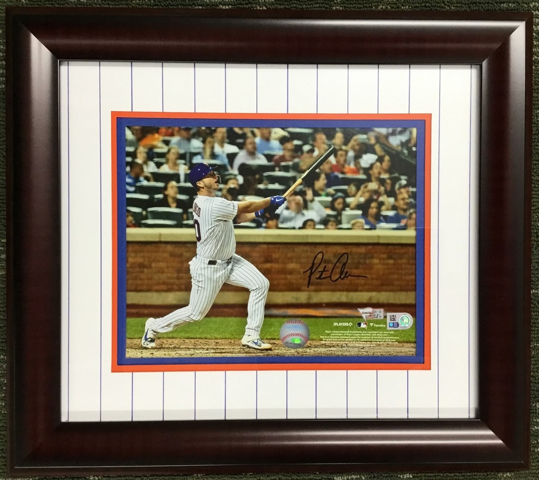 Framed Pete Alonso Autographed Baseball Photo Fanatics Authentic Certified: Framed Pete Alonso Autographed Baseball Photo Fanatics Authentic Certified This is a custom framed, autographed photograph featuring Pete Alonso of the New York Mets. The photograph measures 5" x 10"