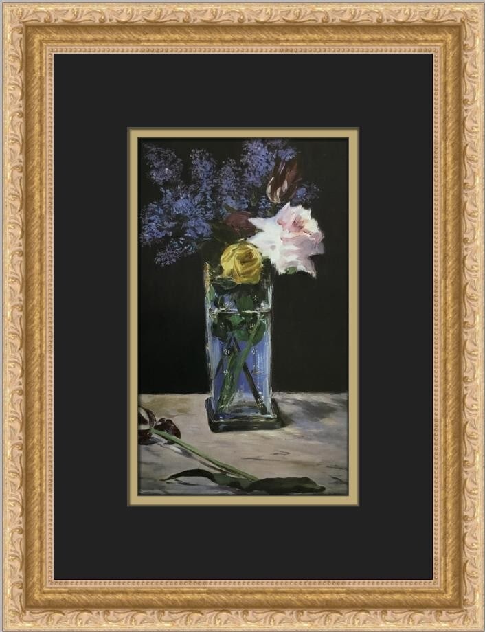 Claude Monet Roses Tulips Lilacs Custom Framed Art Print: Claude Monet Roses Tulips Lilacs Custom Framed Art Print Celebrate the beauty of nature with this exquisite print by Claude Monet, titled 'Roses Tulips and Lilacs in a Crystal Vase.' This medium-sized