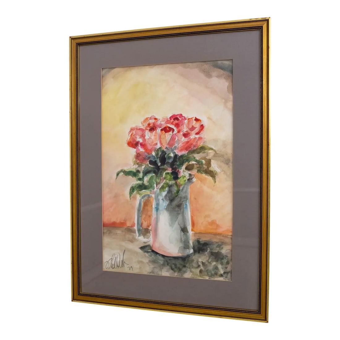 Vintage Abstract Red Roses Watercolor Painting Signed 1979: Vintage Abstract Red Roses Watercolor Painting Signed 1979 This stunning watercolor painting features bold red roses elegantly arranged in a pitcher, showcasing masterful strokes that capture the vibr