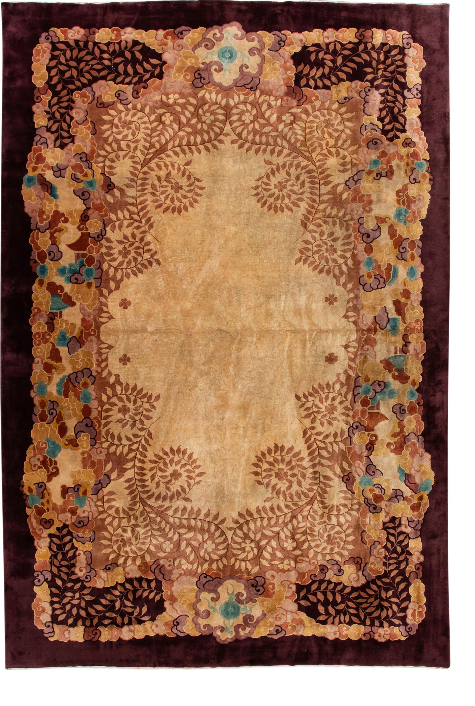 Antique Chinese Art Deco Wool Rug Goldenrod Floral 10'9 x 16'6: Antique Chinese Art Deco Wool Rug Goldenrod Floral 10'9 x 16'6 Elevate your space with this exquisite antique Chinese Art Deco rug, meticulously hand knotted from high-quality wool. Featuring a stunni