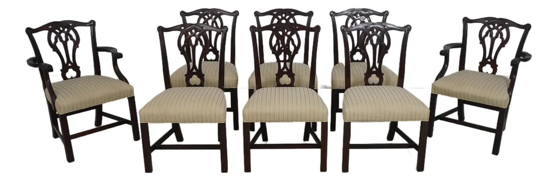 Set of 8 Stickley Chippendale Mahogany Dining Chairs Model 8297-15: Set of 8 Stickley Chippendale Mahogany Dining Chairs Model 8297-15 This exquisite set of 8 dining room chairs is crafted from solid mahogany and showcases fine carved details, embodying the elegance o