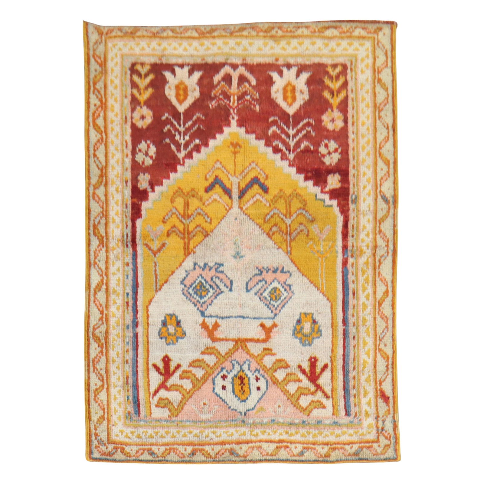Vibrant Antique Turkish Oushak Prayer Rug Wool 1920 Islamic 39 x 56: Vibrant Antique Turkish Oushak Prayer Rug Wool 1920 Islamic 39 x 56 This exquisite antique Turkish Oushak prayer rug showcases the rich artistry of early 20th-century Islamic design. Crafted from high