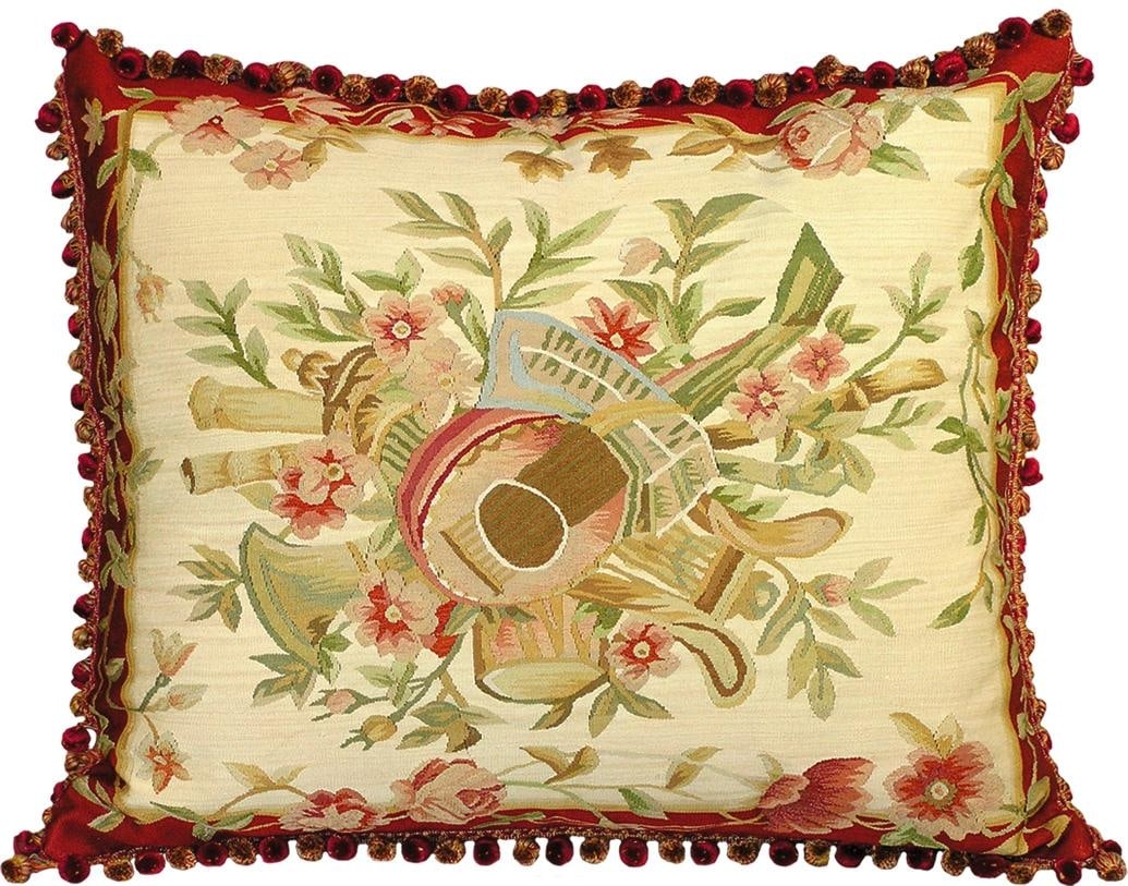 Aubusson Music Tapestry Pillow with Down Feather Insert: Aubusson Music Tapestry Pillow with Down Feather Insert Enhance your living space with this exquisite music-themed tapestry pillow, blending art and comfort. Crafted in the elegant Aubusson style, thi
