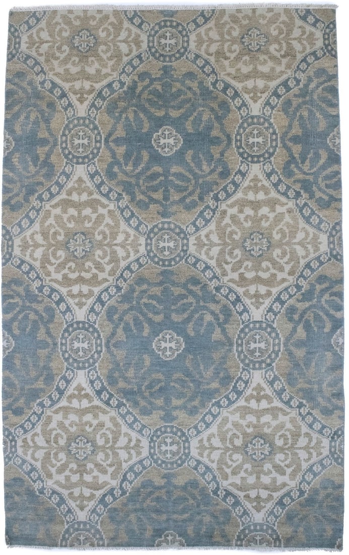 Muted Beige Wool Rug 5'9 x 9'2 Hand-Knotted Tribal Vintage Inspired Carpet: Muted Beige Wool Rug 5'9 x 9'2 Hand-Knotted Tribal Vintage Inspired Carpet This hand-knotted wool area rug features a muted palette including teal blue, beige, and cream, with a vintage-inspired triba