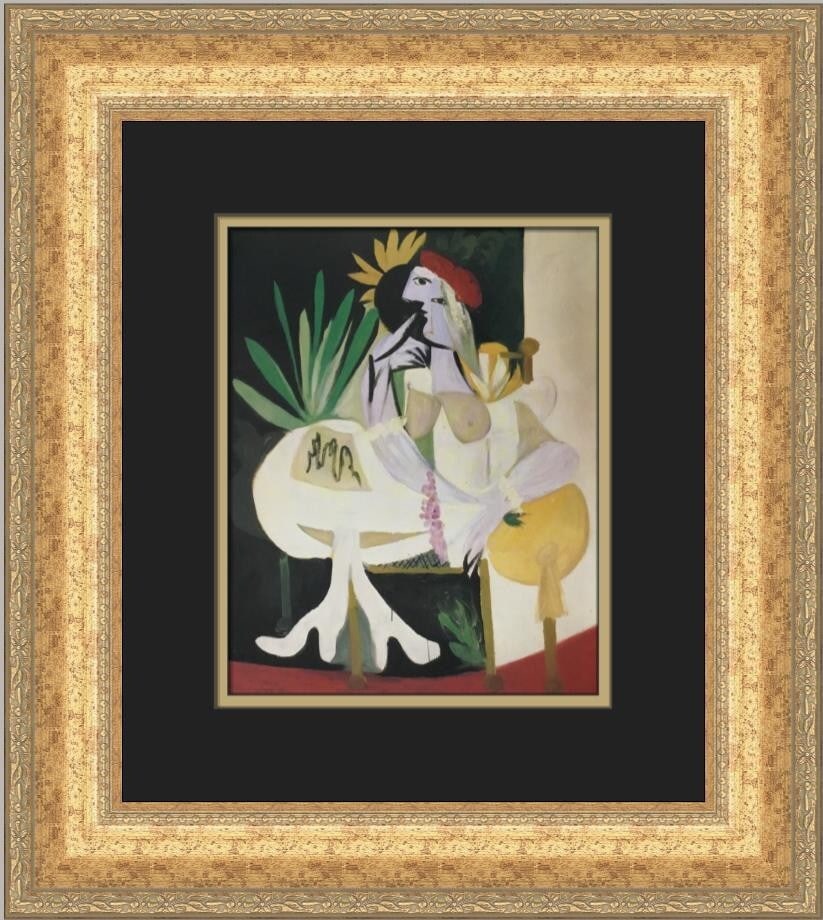 Pablo Picasso Woman in a Red Hat Custom Framed Print 1972: Pablo Picasso Woman in a Red Hat Custom Framed Print 1972 This stunning custom framed print by Pablo Picasso features the captivating artwork titled 'Woman in a Red Hat.' Measuring 18 in x 16 in overa