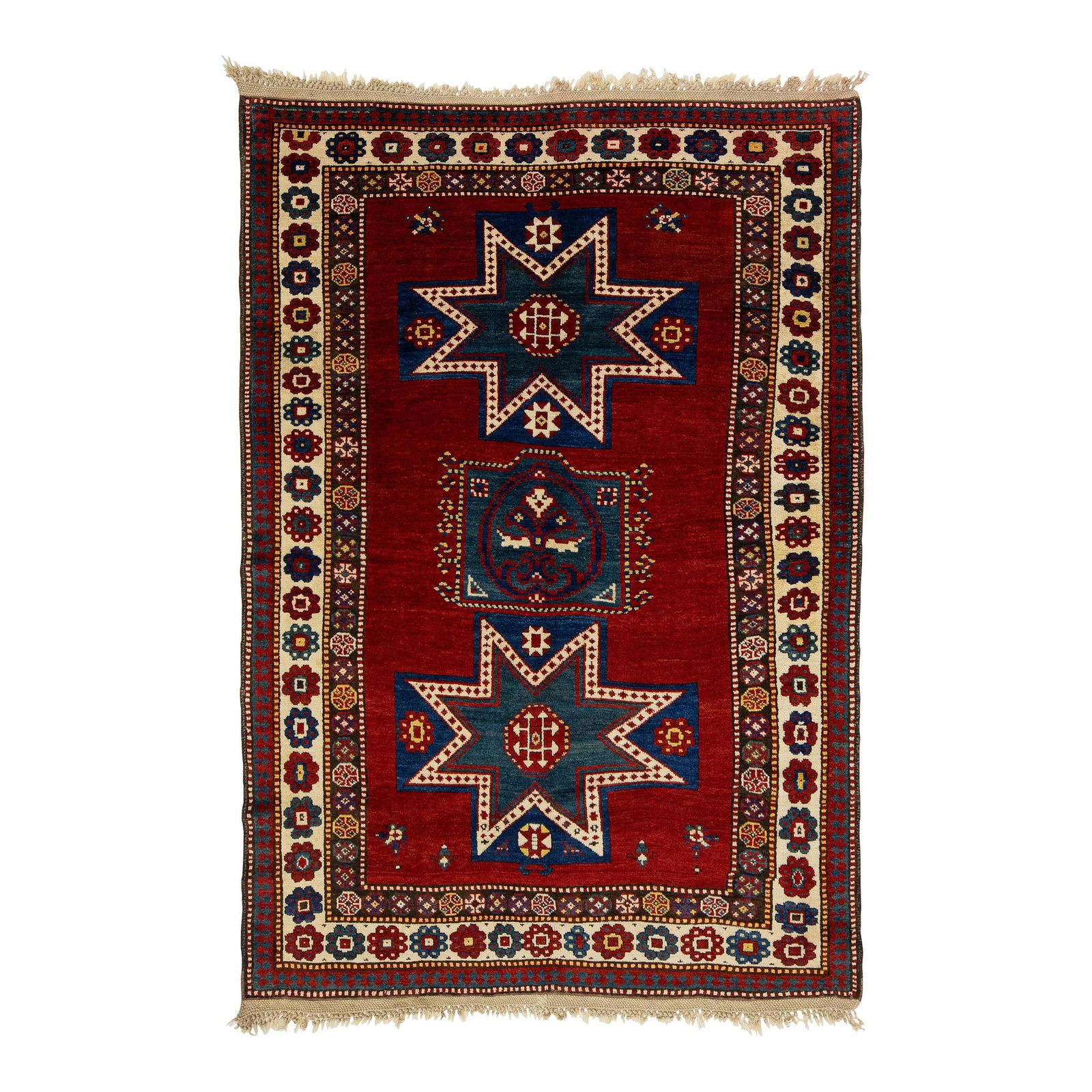 Handcrafted Vintage Caucasian Kazak Red Wool Rug Geometric Design: Handcrafted Vintage Caucasian Kazak Red Wool Rug Geometric Design This exquisite vintage Caucasian Kazak rug is handcrafted from high-quality wool, showcasing a vibrant red background beautifully acce