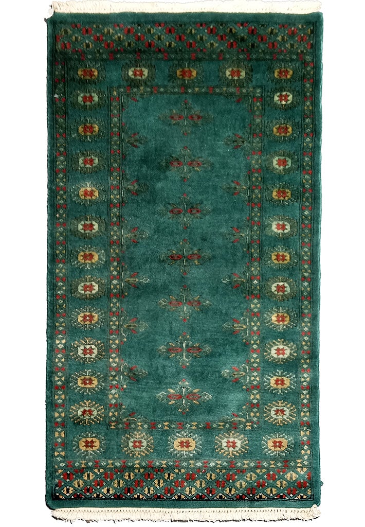 Handmade 2.4 x 4.4 Turquoise Green Jaldar Bokhara Area Rug: Handmade 2.4 x 4.4 Turquoise Green Jaldar Bokhara Area Rug Free continental US Shipping Enhance your living space with the captivating charm of this 2.4 x 4.4 Turquoise Green Small Handmade Jaldar Rug