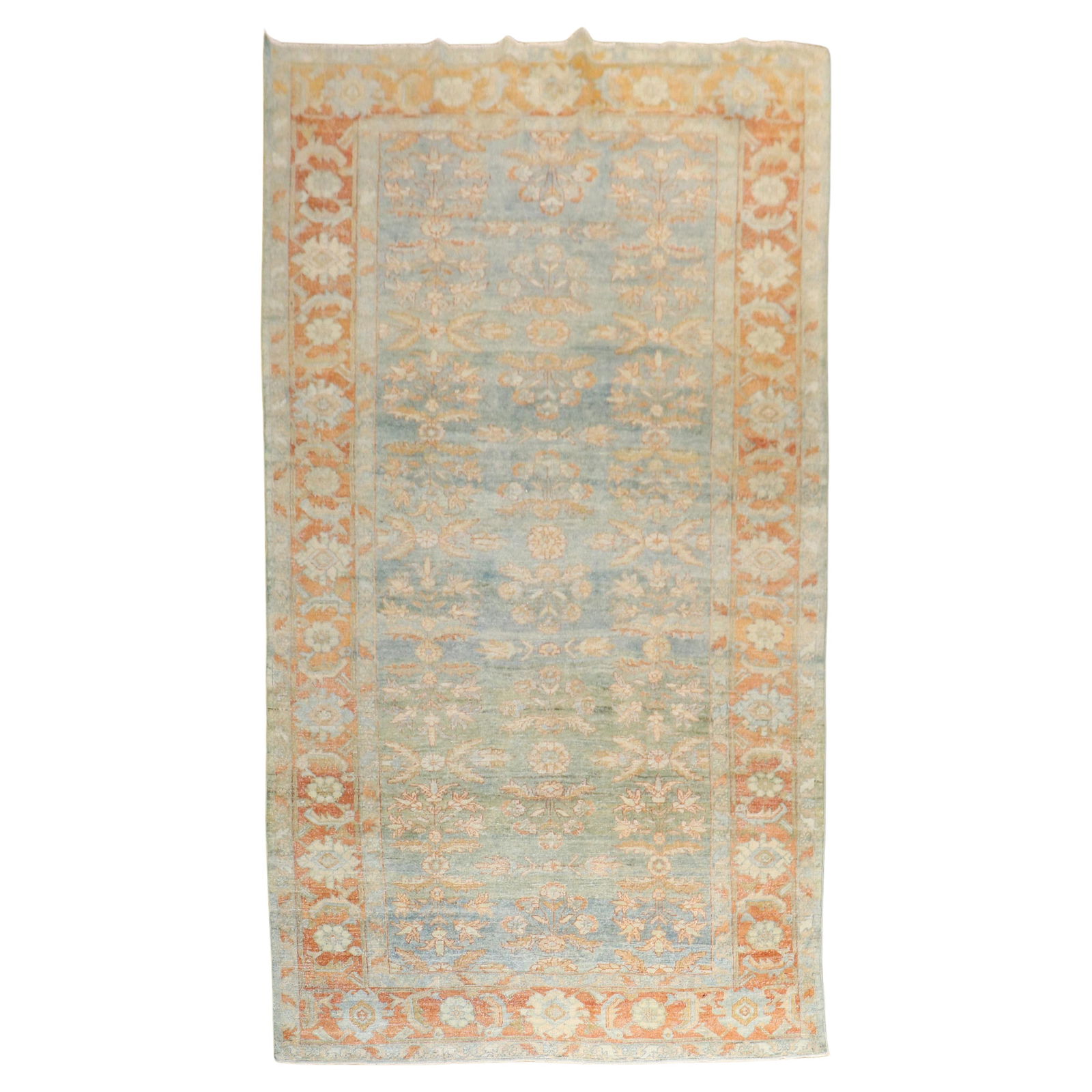 Antique Persian Mahal Gallery Size Rug Light Blue Green Wool 1920: Antique Persian Mahal Gallery Size Rug Light Blue Green Wool 1920 This exquisite early 20th century Persian Mahal gallery size rug features a harmonious blend of light blue and light green hues, borde