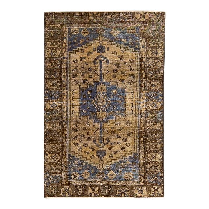 Vintage Hand-Knotted Geometric Brown Wool Rug 4'0 x 6'0: Vintage Hand-Knotted Geometric Brown Wool Rug 4'0 x 6'0 Enhance your living space with this stunning vintage geometric hand-knotted wool rug. Featuring a rich brown field adorned with blue and tan acc