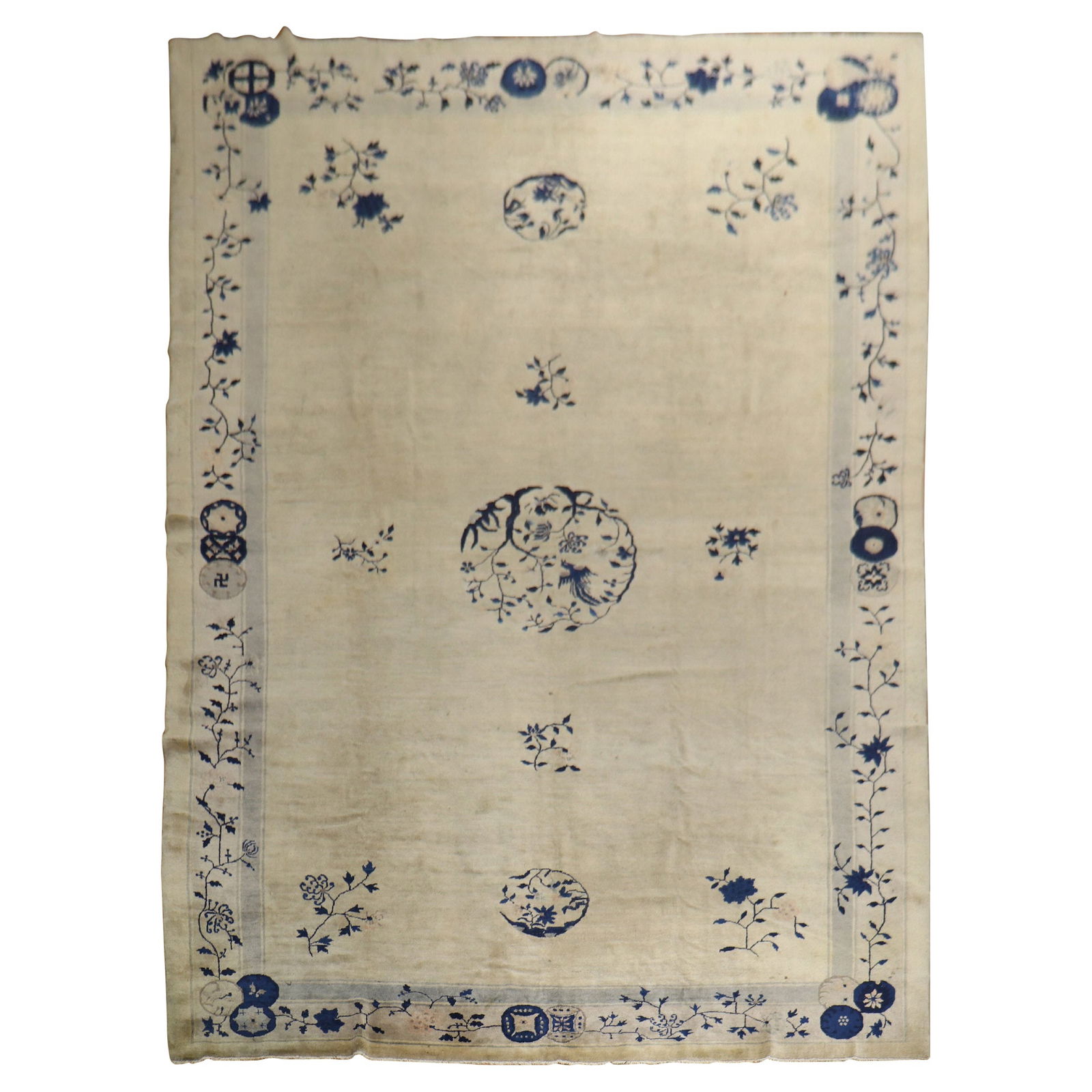 Mid-Century Modern Chinese Peking Rug Beige Gray Blue 9'3" x 14'3" Hand-Woven Wool: Mid-Century Modern Chinese Peking Rug Beige Gray Blue 9'3" x 14'3" Hand-Woven Wool This exquisite early 20th-century Chinese Peking rug combines a sophisticated blend of navy, beige, and gray tones, m
