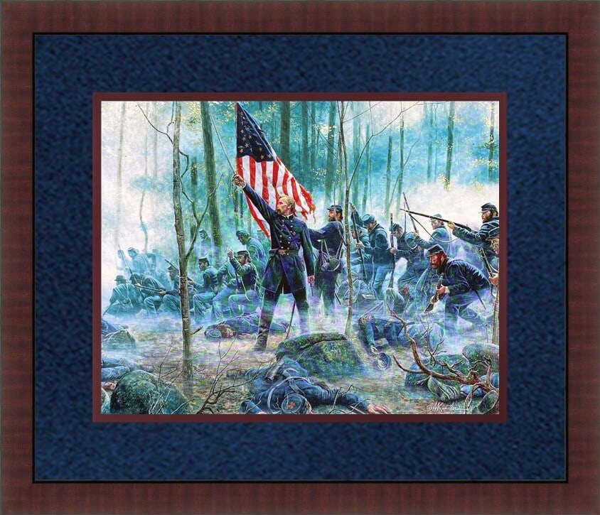 Framed Civil War Offset Lithograph Hero of the Little Round Top by Mort Kunstler: Framed Civil War Offset Lithograph Hero of the Little Round Top by Mort Kunstler This is a licensed reprint offset lithograph print titled "Hero of the Little Round Top" by Mort Kunstler. The artwork