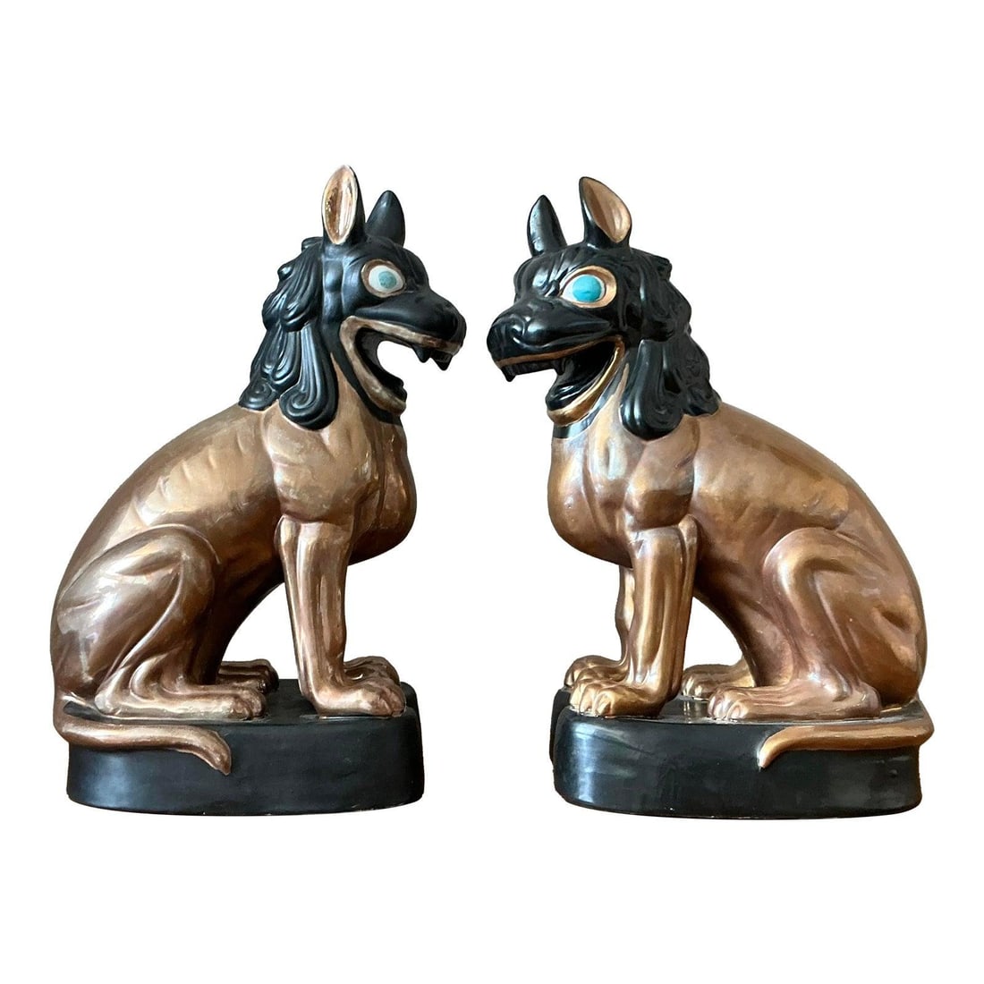 Pair of Vintage Bronze and Black Glazed Ceramic Foo Dog Statues: Pair of Vintage Bronze and Black Glazed Ceramic Foo Dog Statues This pair of vintage glazed ceramic Foo Dogs features a striking two-tone design, with a metallic bronze body and a satin black finish o
