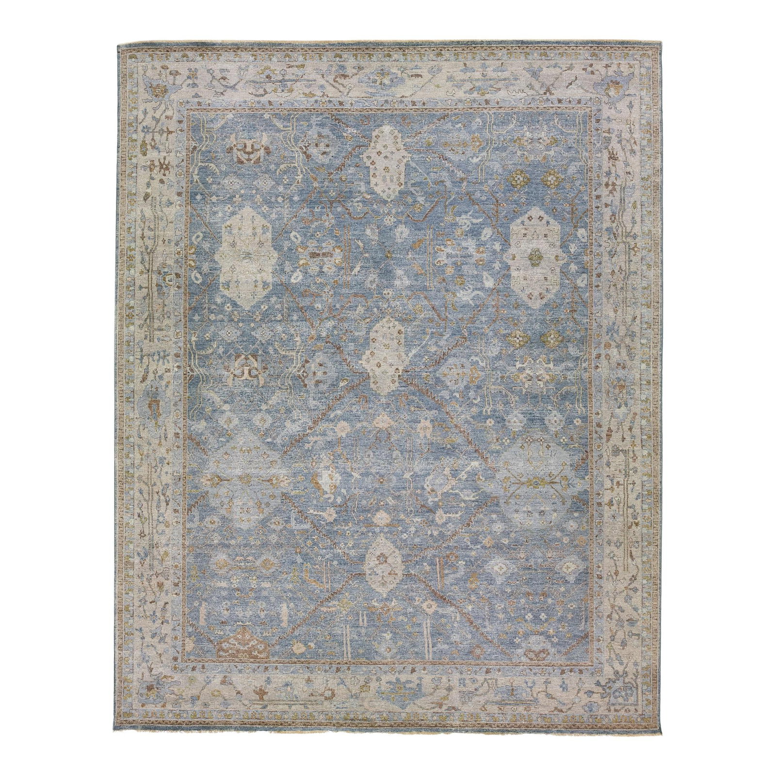 Handmade Floral Blue Wool Rug 12'2 x 15'3 Tabriz Style: Handmade Floral Blue Wool Rug 12'2 x 15'3 Tabriz Style Discover the elegance of this exquisite Persian Tabriz Style Handmade Floral Wool Rug from the Artisan line. This stunning piece showcases a beau