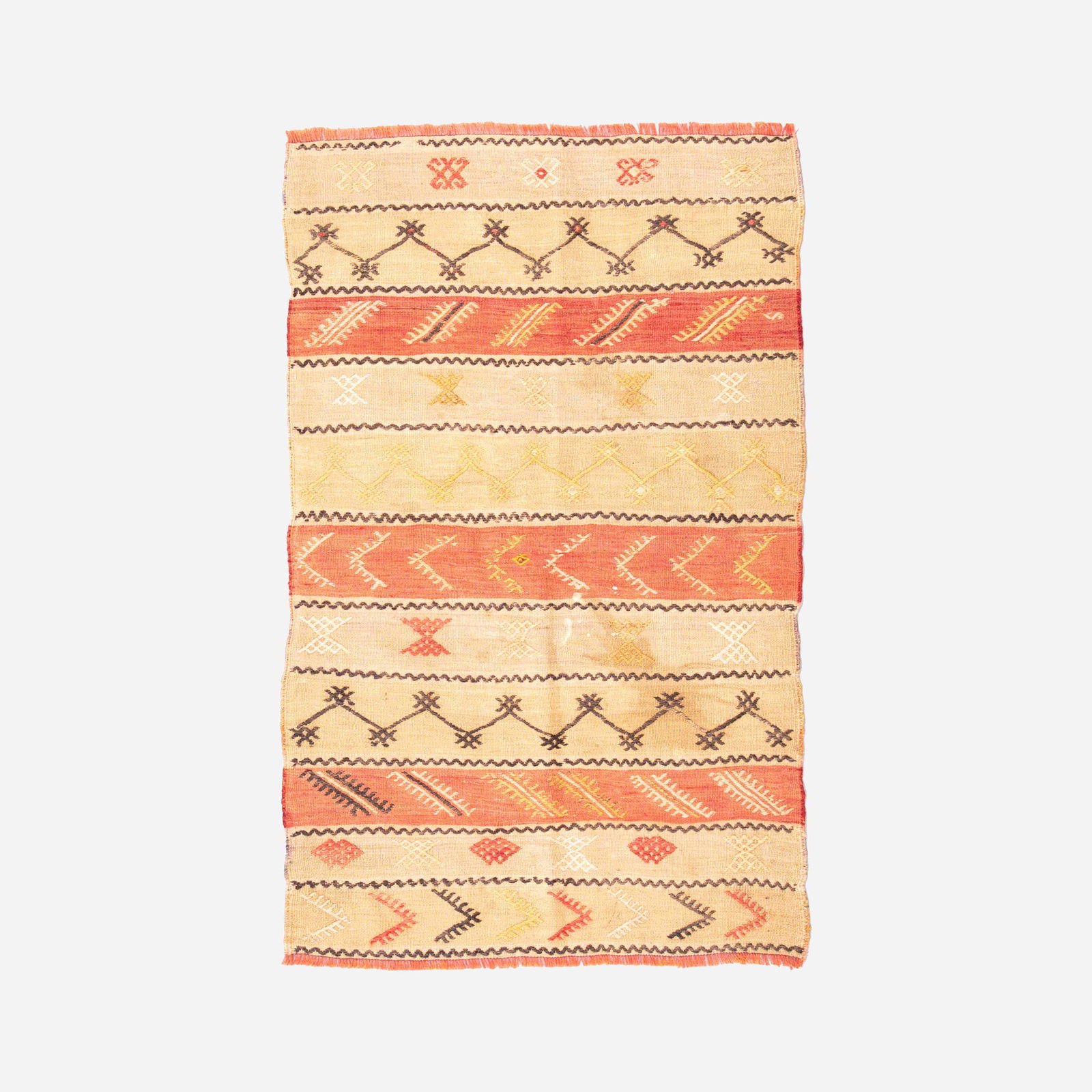 Authentic Handmade Anadol Wool Kilim 35 x 56.7 Inches: Authentic Handmade Anadol Wool Kilim 35 x 56.7 Inches This authentic handmade Anadol kilim is crafted from high-quality wool on wool, showcasing traditional weaving techniques. The piece features a ri