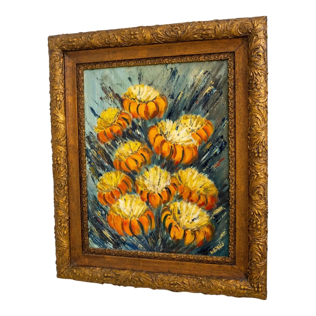 Vibrant Abstract Still Life Orange Flowers Oil Painting Signed Venus: Vibrant Abstract Still Life Orange Flowers Oil Painting Signed Venus This vibrant abstract still life painting features a stunning arrangement of orange flowers, expertly rendered in oil on canvas. It