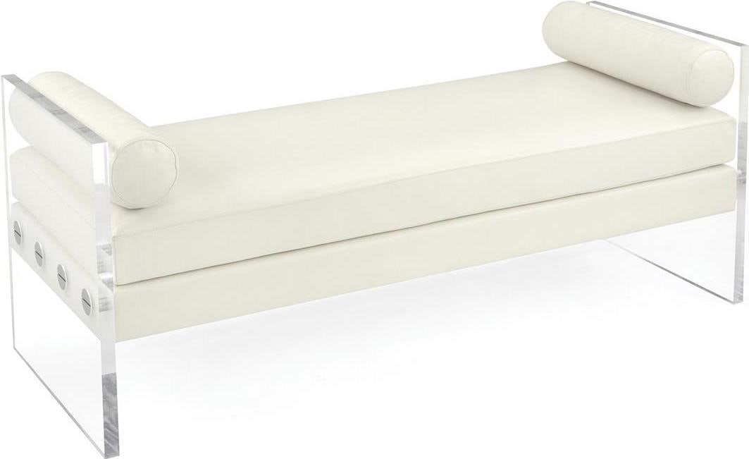 John-Richard Modern White Leather Park Bench with Lucite Ends: John-Richard Modern White Leather Park Bench with Lucite Ends Enhance your living space with this Modern White Leather Park Bench featuring elegant Lucite ends. This transitional style bench is perfec
