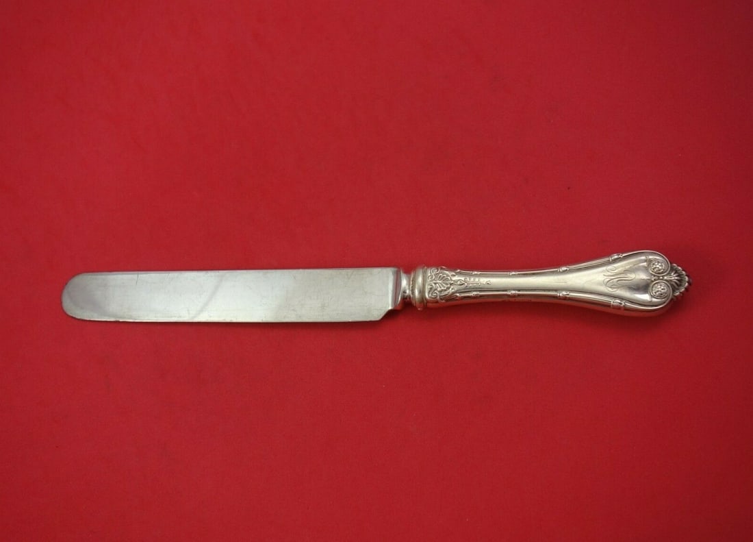Whiting Empire Sterling Silver Banquet Knife 10 5/8" Antique: Whiting Empire Sterling Silver Banquet Knife 10 5/8" Antique This exquisite banquet knife, crafted by Whiting in the Empire pattern, features a hollow sterling silver handle and a blunt blade, measuri