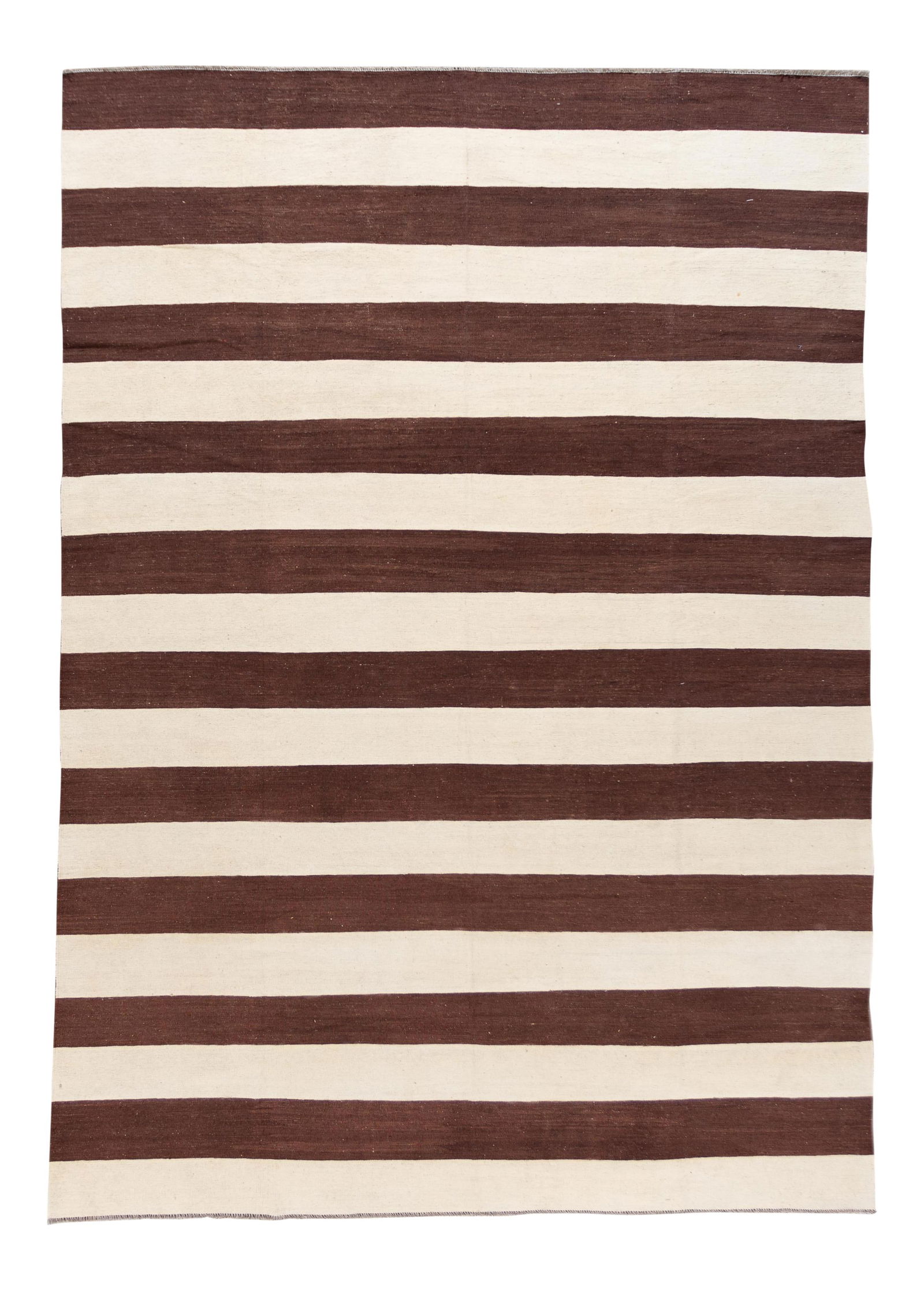 Contemporary Kilim Wool Rug 10' 1" x 14' 1" Brown Striped Design: Contemporary Kilim Wool Rug 10' 1" x 14' 1" Brown Striped Design Enhance your space with this stunning 21st Century Modern Flatweave Kilim Wool Rug. Hand-woven from high-quality wool, this contemporar