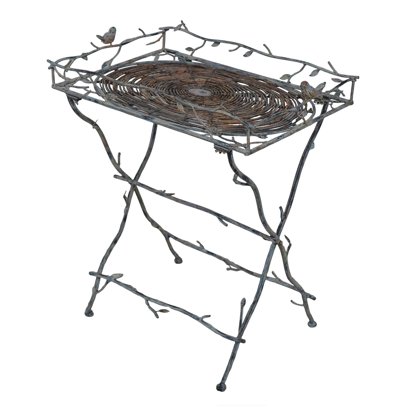 Designer Iron Wood Garden Table with Branch and Bird Motif: Designer Iron Wood Garden Table with Branch and Bird Motif This exquisite garden table showcases a stunning designer aesthetic with a real wood surface and a detailed branch and bird design. The table